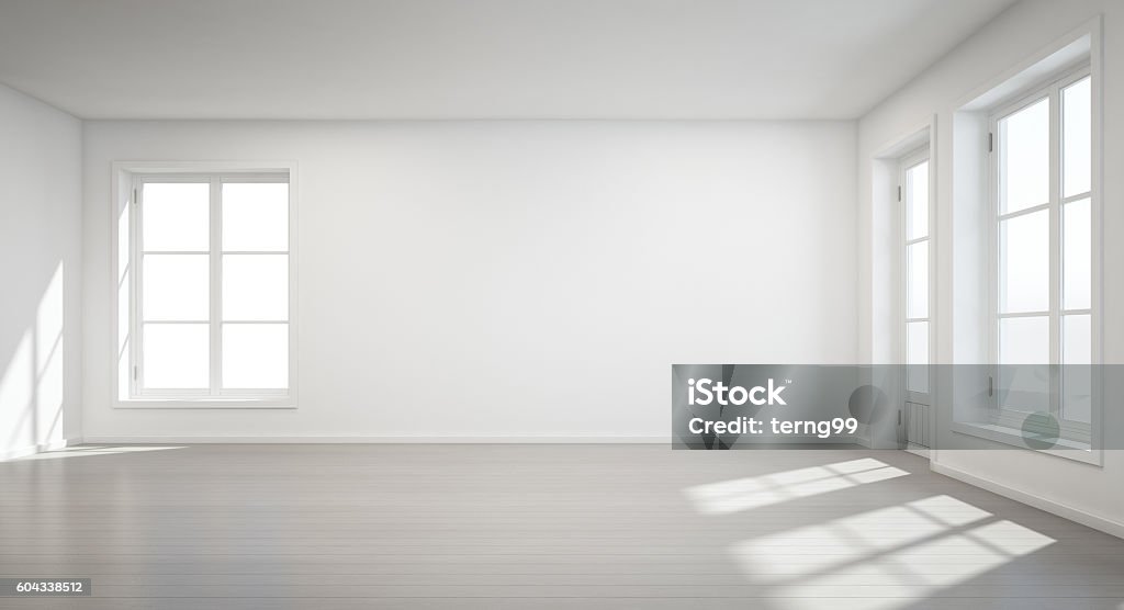 Vintage white room with door and window in new home 3D rendering of interior without furniture Domestic Room Stock Photo