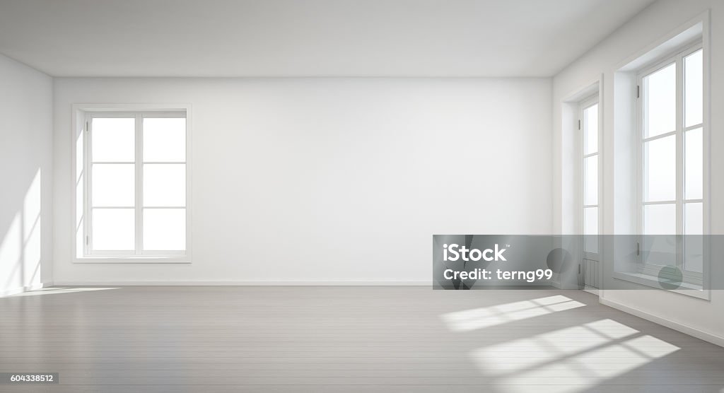 Quarto branco vintage com porta e janela em nova casa - Foto de stock de Cômodo de casa royalty-free