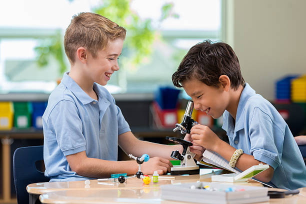 meninos do ensino fundamental trabalham em projeto de ciências - science child laboratory education - fotografias e filmes do acervo