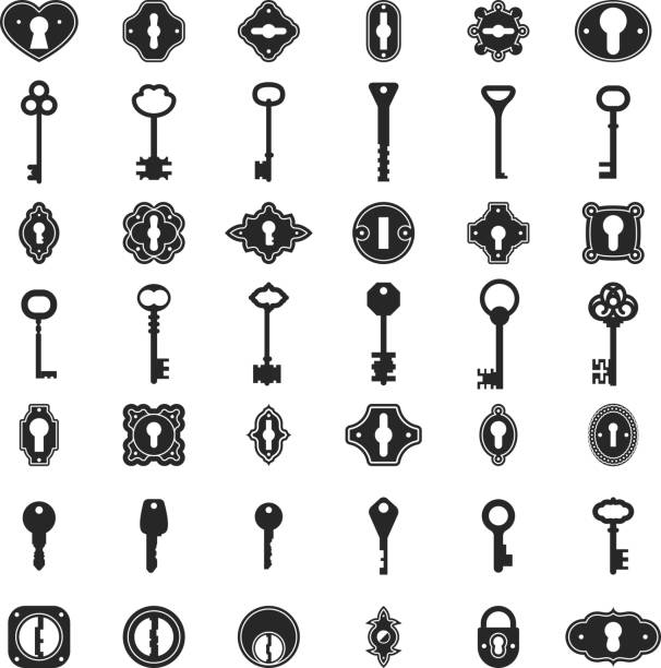 замочная скважина значки. винтажные ключи и знаки замочных скважин для логотипа - lock padlock security equipment metallic stock illustrations