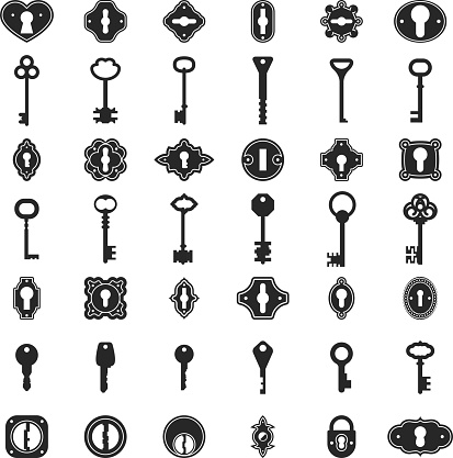 Keyhole key icons. Vintage keys and keyholes signs for logo vector illustration