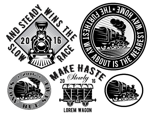 set of vector templates with retro locomotive, wagon, vintage train, logotype, illustration to topic railroad