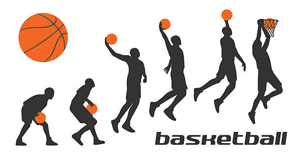 ilustraciones, imágenes clip art, dibujos animados e iconos de stock de establecer diferentes posturas jugadores de baloncesto en siluetas. - salto de altura