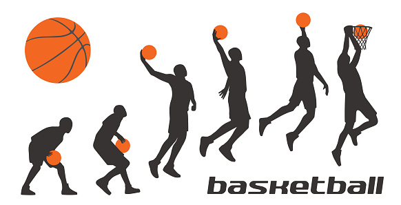 Set different poses basketball players in silhouettes. Vector flat illustration isolated on white background