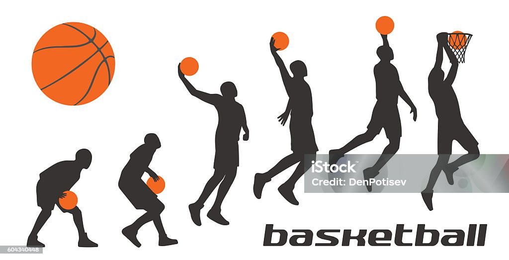 Set different poses basketball players in silhouettes. Set different poses basketball players in silhouettes. Vector flat illustration isolated on white background Basketball - Sport stock vector