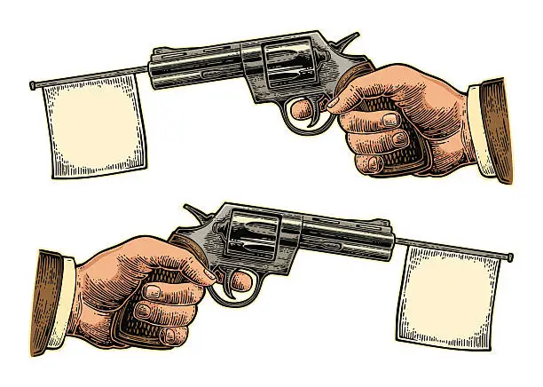 Vector illustration of Male hand holding revolver with flag for text. Vector engraving