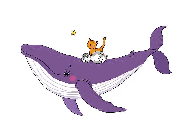 Vector illustration of Big beautiful pink whale and three cute little gray kitten.