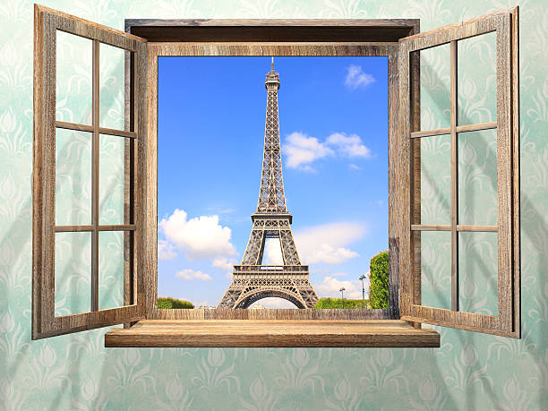 istock Opened wooden window and view on Eiffel tower, Paris 604341936
