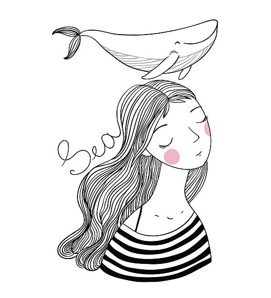 Beautiful young girl sailor with a whale. Beautiful young girl sailor with a whale. Sea animals. Hand drawing isolated objects on white background. Vector illustration. Coloring book whale tale stock illustrations