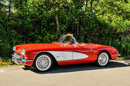 Duvall, Washington, June 4, 2011: A perfectly restored  bright red 1958 Chevrolet Corvette being displayed at the annual Big Rock Car Show in Duvall, Washington.
