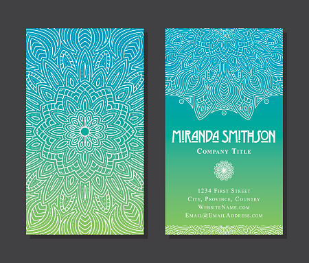 Mandala designs with lots of ornate detail, designed as a two sided business card template. Business card is standard dimensions of 3.5