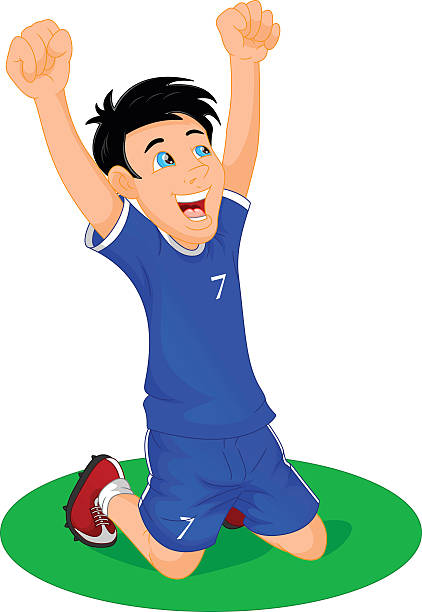 illustrazioni stock, clip art, cartoni animati e icone di tendenza di calciatore celebrare gol - soccer action child purple