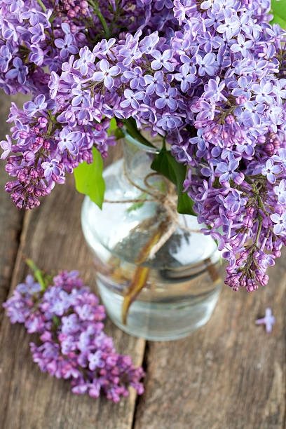 istock beautiful lilac on dark wooden surface 604347430