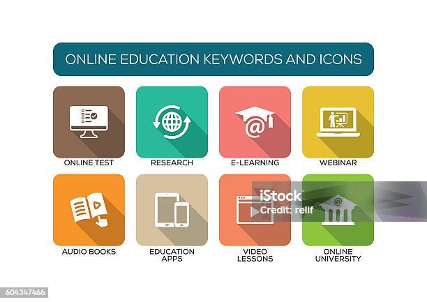 Online Education Flat Icon Set Stock Illustration - Download Image Now - E-Learning, Icon Set, Illustration