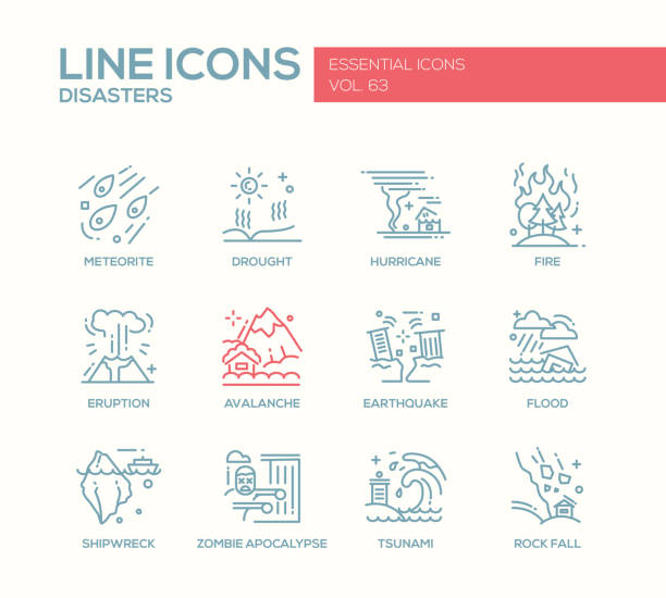 illustrazioni stock, clip art, cartoni animati e icone di tendenza di disastri - set di icone di progettazione delle linee - natural disaster weather symbol volcano