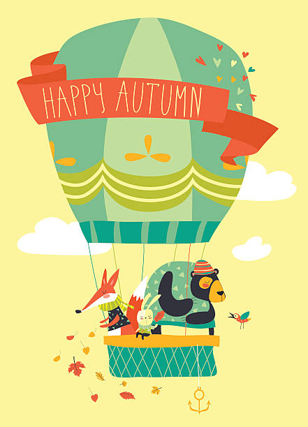 ilustrações de stock, clip art, desenhos animados e ícones de funny friendly animals in hot air balloon. hello autumn - air nature high up pattern