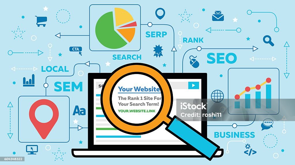 SEO Concept with Laptop and Icons A nice search engine optimization illustration with a laptop and magnifying glass looking at your website in the rank 1 position. Search Engine stock vector