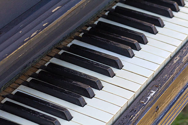 istock Old piano keys close up. Musical background 604350446