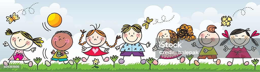 Happy kids playing on the grass- Illustration EPS and JPG format. Vector Child stock vector