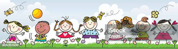 Happy Kids Playing On The Grass Illustration Stock Illustration - Download Image Now - Child, Flower, Illustration