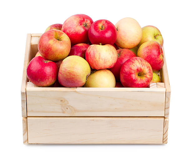 istock Wooden box full of fresh apples isolated 604351874