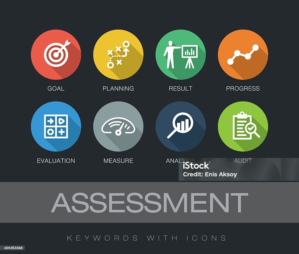 Assessment keywords with icons Assessment chart with keywords and icons. Flat design with long shadows Icon Symbol stock vector