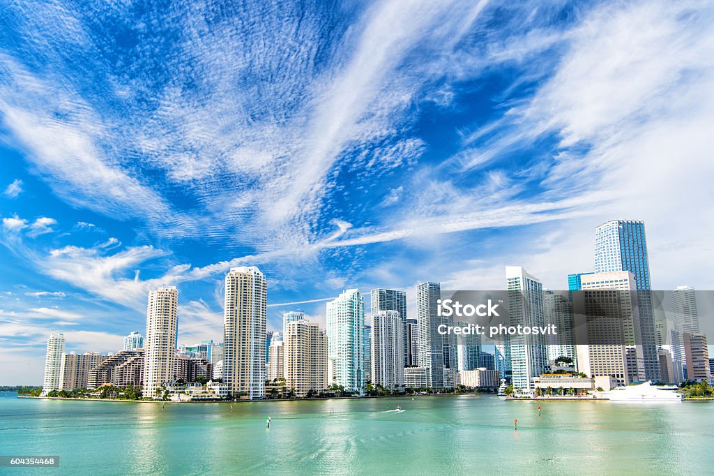 Miami, Seascape with skyscrapers in Bayside view of Miami downtown skyline at sunny and cloudy day with amazing architecture Miami Stock Photo