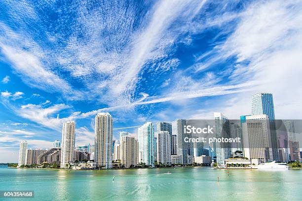 Miami Seascape With Skyscrapers In Bayside Stock Photo - Download Image Now - Miami, Urban Skyline, City