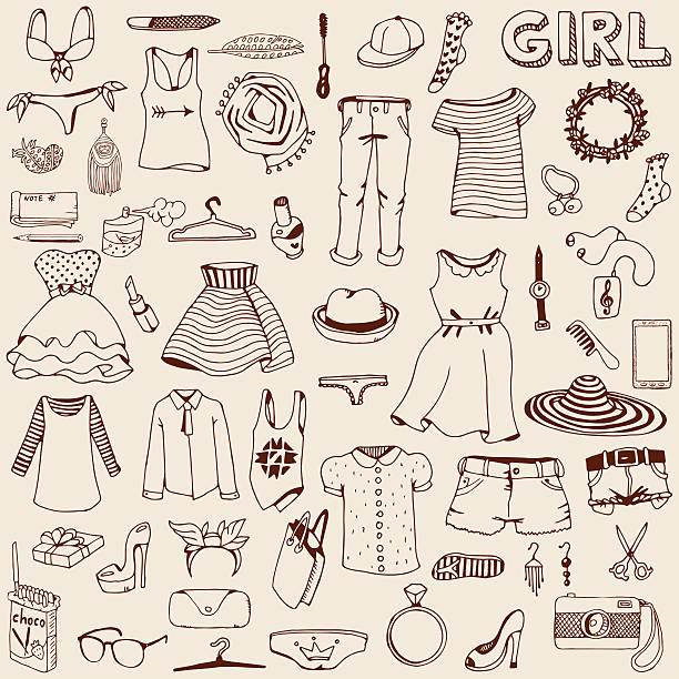 одежда и аксессуары для женщин. ручная нарисованная набор каракулей. - child clothing arrangement hanger stock illustrations