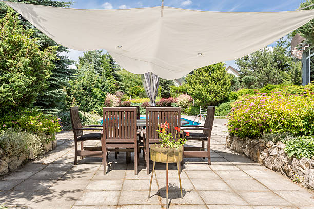 istock Shaded garden corner providing rest from summer heat 604358940