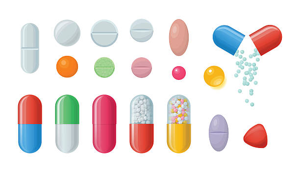 Set of pills and capsules. Set of vector pills and capsules. Icons of medications. Pharmaceutical tablets: painkillers, antibiotics, vitamins and aspirin. Pharmacy and drug symbols. Medical illustration on white background pills stock illustrations