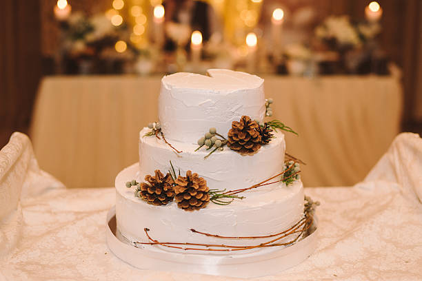 istock Wedding cake at winter reception in the evening 604360102