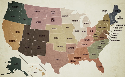 Old vintage style map of the United States of America with state names.