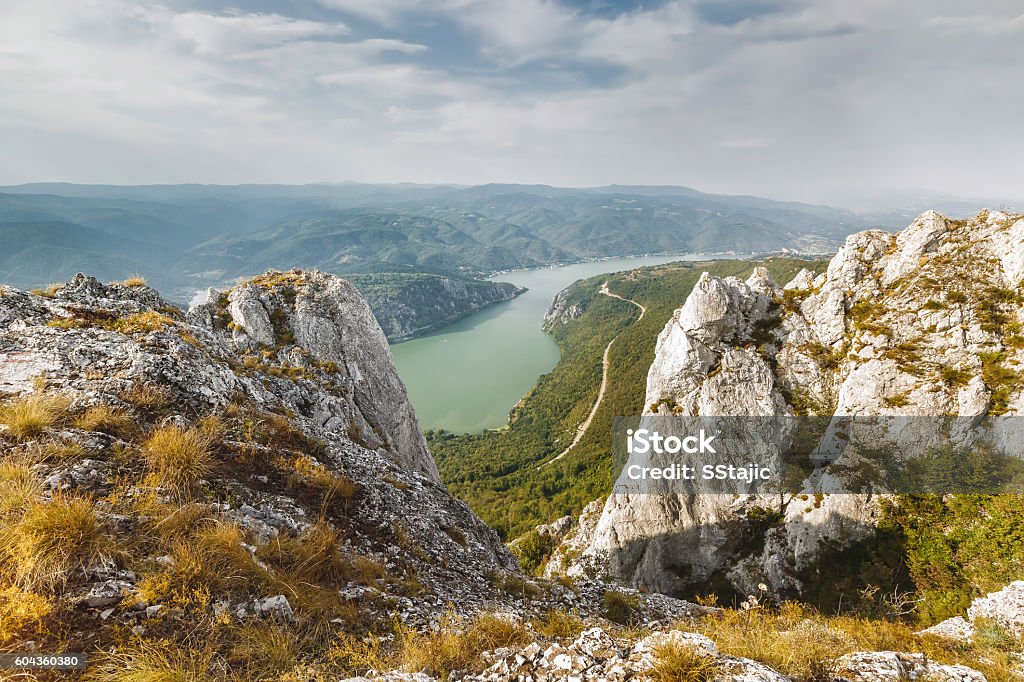 Danube river in Djerdap National park, Serbia  Cliffs over Danube river, Djerdap National park, east Serbia. View from the top of the cliffs Danube River Stock Photo