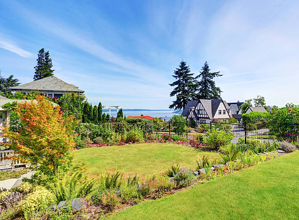 istock Beautiful garden with well kept lawn and trimmed hedges. 604360806