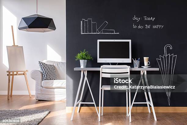 Minimalist Work Area At Home Stock Photo - Download Image Now - Chalkboard - Visual Aid, Wall - Building Feature, Home Office