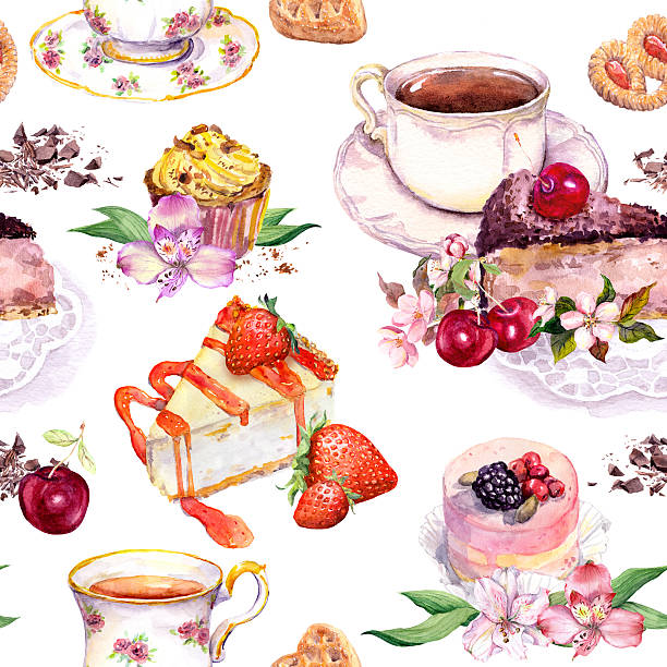 ilustraciones, imágenes clip art, dibujos animados e iconos de stock de patrón de té - flores, taza de té, pasteles, pájaro. acuarela de alimentos. inconsútil - flower cherry cup tea