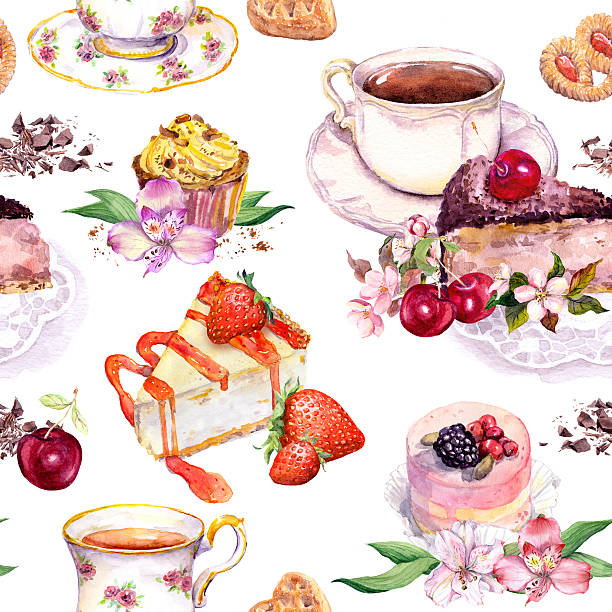 차 패턴 - 꽃, 찻잔, 케이크, 새. 식품 수채화. 원활한 - flower cherry cup tea stock illustrations