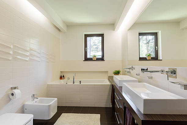 istock Unusual wall tiles adding character to bathroom's interior 604362782
