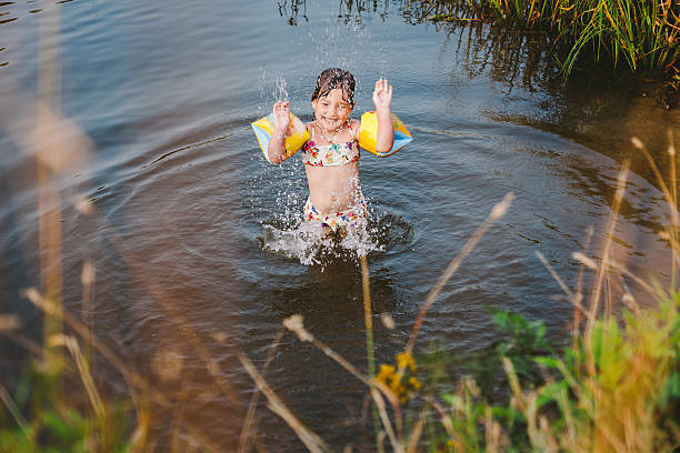istock Little girl playing in river 604363564