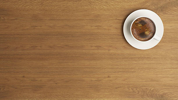 taza de café en el concepto de escritorio de madera - mirar el paisaje fotografías e imágenes de stock