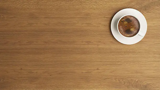 Photo of coffee cup on the wooden desk concept