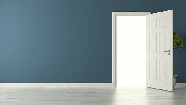 Photo of opened american door with blue wall and reflective floor