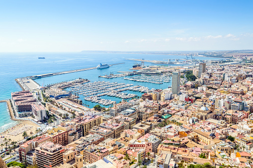 High angle view of the port / marina and the city of Alicante, Spain.