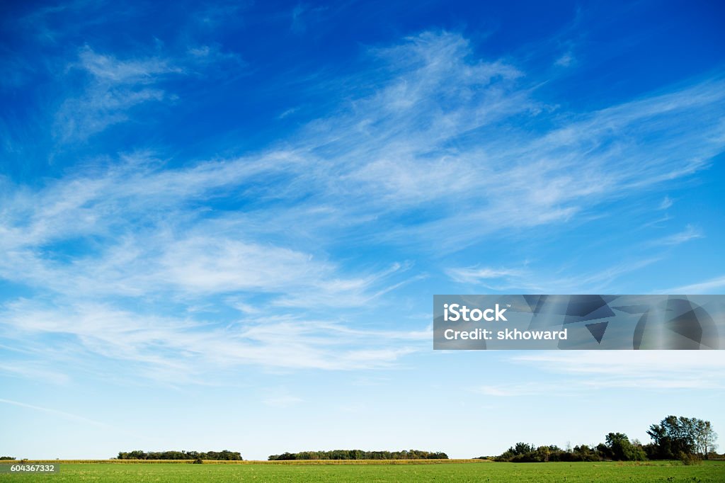 Wispy Cirrus Clouds in Blue Sky Over Rural Landscape Rural landscape image of wispy Cirrus clouds in a blue sky. Cirrus are high clouds with cloud bases of 16,000 to 50,000 ft. (5-15 km) Sky Stock Photo