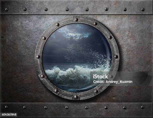 Old Ship Metal Porthole Or Window With Sea Storm Stock Photo - Download Image Now - Porthole, Sea, Abstract