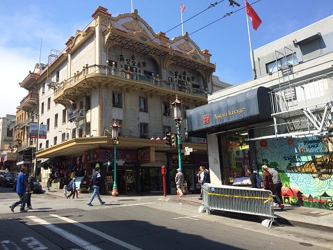 San Francisco, CA, USA - September 9, 2016: Chinatown at san francisco, stores and restaurants on the sides. Incidental people on the background.