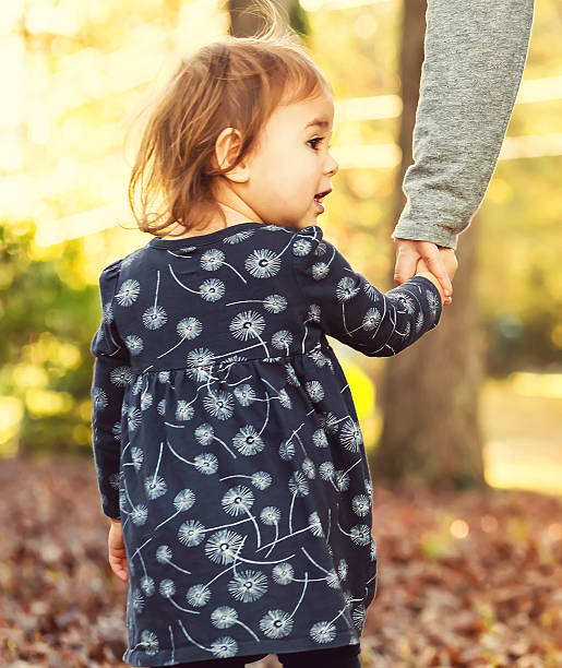 istock Toddler girl holding hands with her mother on a fall 604370366