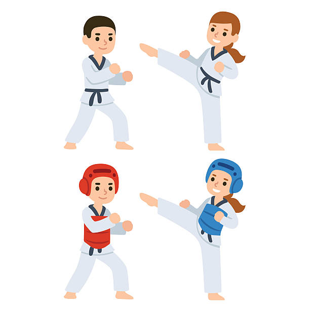 ilustraciones, imágenes clip art, dibujos animados e iconos de stock de taekwondo niños de dibujos animados - karate child judo belt