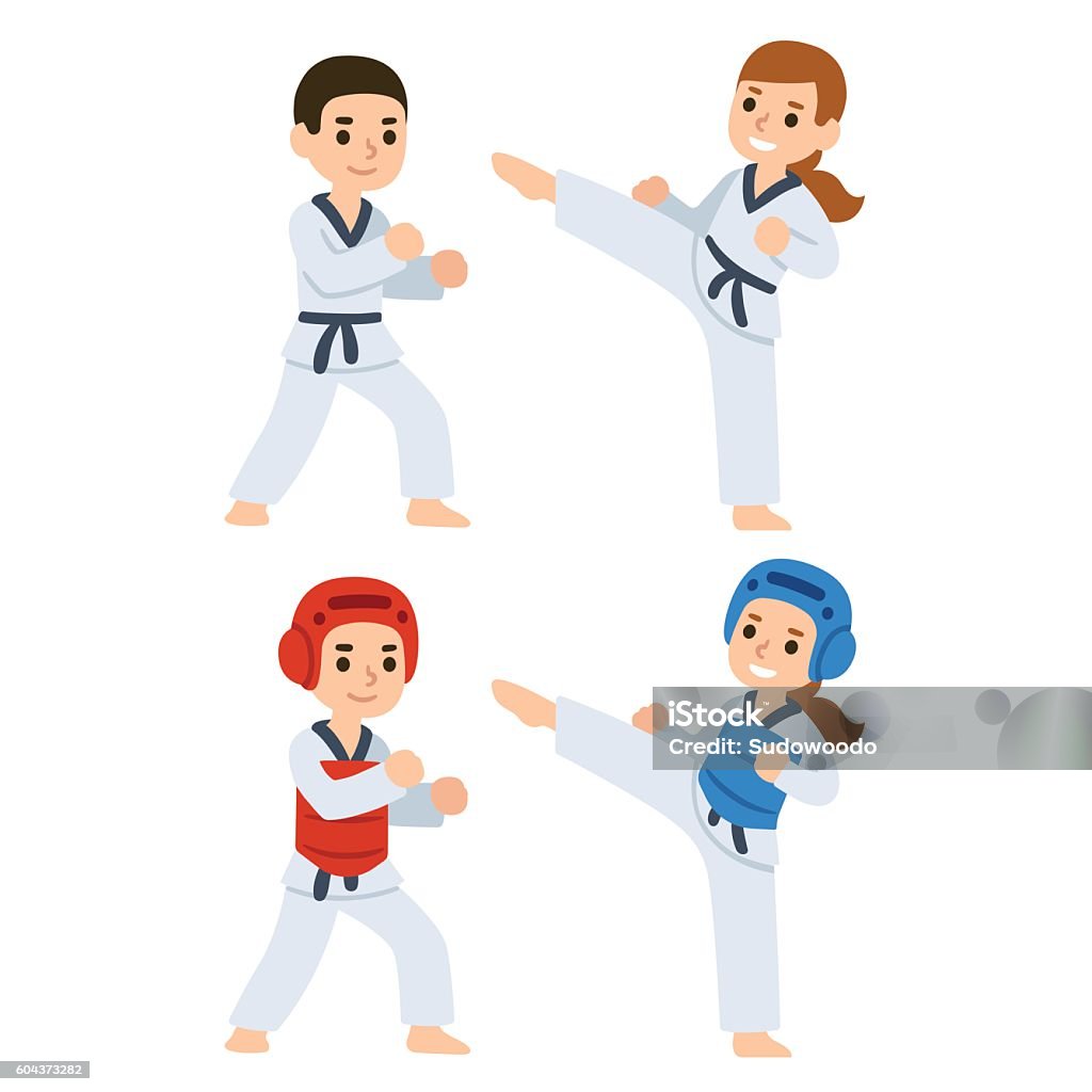 Taekwondo cartoon kids Boy and girl fighting in kimonos and taekwondo uniform. Martial arts for kids illustration. Taekwondo stock vector